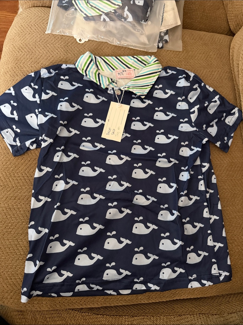 Pete & Lucy Navy Whale-Print Polo with Striped Collar